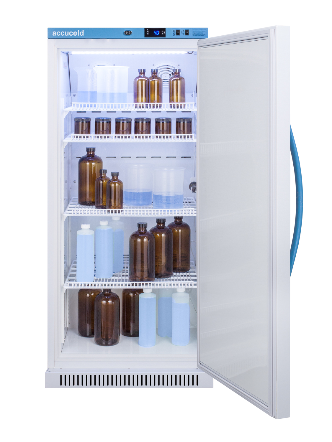 Performance series Med-Lab 8 cu.ft. upright all-refrigerator for laboratory storage with factory-installed data logger, antimicrobial silver-ion handle, and hospital grade cord with 'green dot' plug